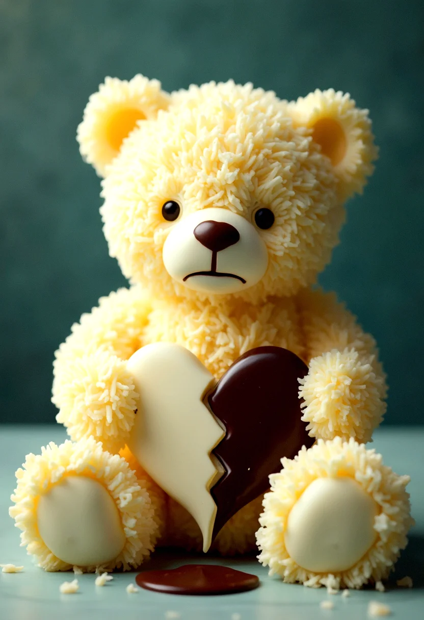 Photorealistic image of a teddy bear made from grated mozzarella cheese, holding a broken heart made from half white chocolate half dark chocolate, the cheese melted with its sad closed eyes gazing downward . The background is a muted, dark teal, contrasting the light color of the bear as it slowly falls apart, creamy texture, soft cream texture
cinematic lighting, extremely intricate detail character, accurate depiction of character, correct body anatomy, correct hands and fingers, extremely intricate skin and facial texture detail, design,lifelike potrayal, extrememly realistic lighting, extreme dynamic pose, sfw, fully clothes, sharp background detail,