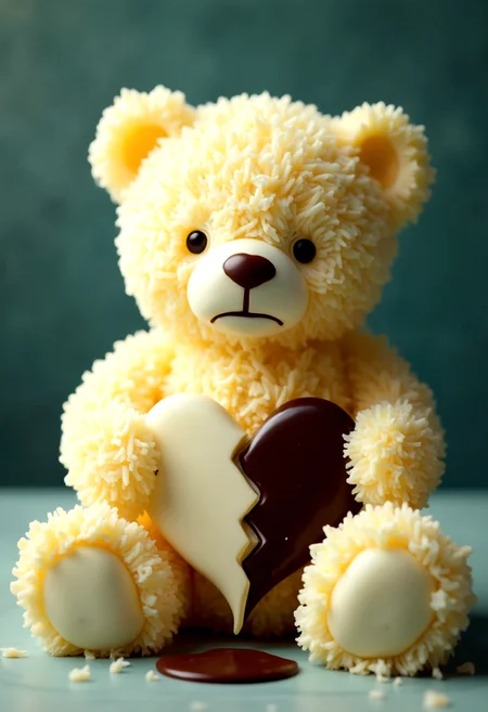 Photorealistic image of a teddy bear made from grated mozzarella cheese, holding a broken heart made from half white chocolate half dark chocolate, the cheese melted with its sad closed eyes gazing downward . The background is a muted, dark teal, contrasting the light color of the bear as it slowly falls apart, creamy texture, soft cream texture
cinematic lighting, extremely intricate detail character, accurate depiction of character, correct body anatomy, correct hands and fingers, extremely intricate skin and facial texture detail, design,lifelike potrayal, extrememly realistic lighting, extreme dynamic pose, sfw, fully clothes, sharp background detail,
