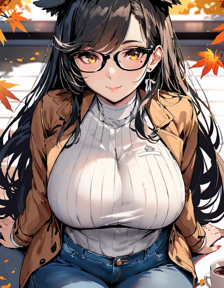 (masterpiece), (best quality), (ultra-detailed), 1girl, solo, sitting, cafe, coffee, table, straight-on, looking_at_viewer, upper_body, atago \(azur lane\), dog_ears, black_hair, extra_ears, yellow_eyes, (mature female:1.2), tall female, large breasts, curvy, collarbone, beautiful face, highly detailed faces and eyes, shiny skin, shiny, long_hair, ribbon, skindentation, smile, swept_bangs, white_ribbon, brown eyes, mole_under_eye, very long hair, earrings, jeans, turtleneck sweater, brown jacket, open jacket, glasses, happy, outdoors, day, autumn, autumn leaves, masterpiece, best quality, very aesthetic, absurdres, score_9, score_8_up, score_7_up, score_6_up, by marushin, illustration, disheveled hair, detailed eyes, perfect composition, moist skin, intricate details, earrings, by wlop, 1girl, solo, sitting, cafe, coffee, table, straight-on, looking_at_viewer, upper_body, atago \(azur lane\), dog_ears, black_hair, extra_ears, yellow_eyes, (mature female:1.2), tall female, large breasts, curvy, collarbone, beautiful face, highly detailed faces and eyes, shiny skin, shiny, long_hair, ribbon, skindentation, smile, swept_bangs, white_ribbon, brown eyes, mole_under_eye, very long hair, earrings, jeans, turtleneck sweater, brown jacket, open jacket, glasses, happy, outdoors, day, autumn, autumn leaves, masterpiece, best quality, very aesthetic, absurdres, score_9, score_8_up, score_7_up, score_6_up, by marushin, ambient light, flowing, bright colors, cinematic, professional, extremely inspirational, fine detail, full color, cute, amazing, cool, pretty, attractive, delicate background, sharp