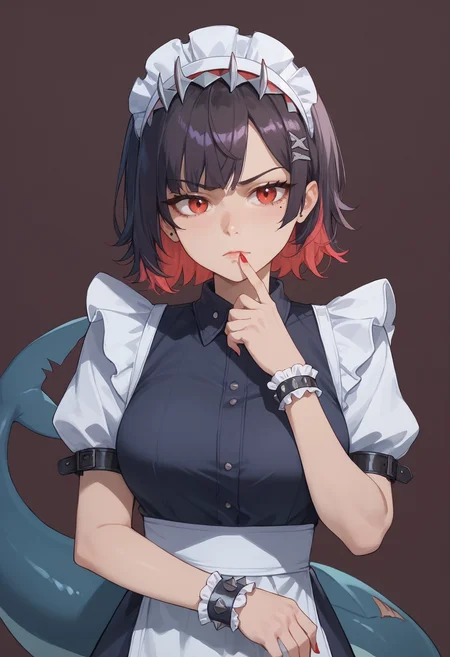 score_9,score_8_up,score_7_up,score_6_up   <lora:ellen_joe_zzz_xl:0.7>ellen-joe-zzz,1girl, breast hold, breasts, colored inner hair, fins, fish tail, frilled wristband, maid, maid headdress, meme, metal hairband, mole, mole on arm, mole under eye, multicolored hair, nail polish, red nails, shark tail, simple background, spiked headband, tail, trade offer \(meme\)