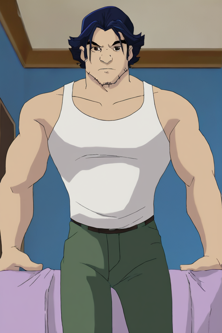 masterpiece, best quality, highres, newest, logan, 1boy, solo, male focus, mature male, short hair, dark blue hair, brown eyes, thick eyebrows, facial hair, stubble, sideburns, muscular, white tank top, green pants, looking at viewer, standing, cowboy shot, indoors, bedroom <lora:Wolverine (Logan) X-Men Evolution (Only Logan) v1.1 [LoRA] - NoobAI-XL EPS 1.0:0.8>