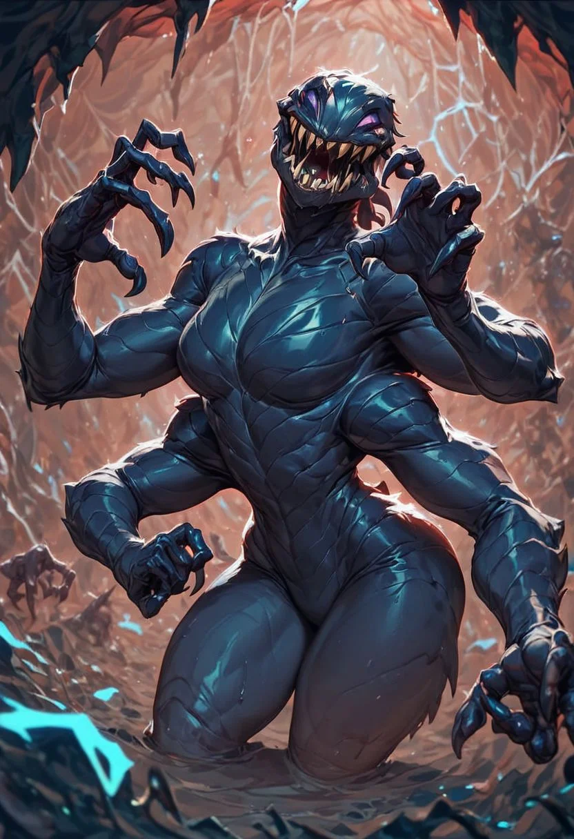 score_9,score_8_up,score_7_up, spider monster:1.3, sleek black chitinous armor, singular glowing eye, swam, DARK damp cave, multiple arms:4, clawed fingers, mandibles, green drool, black shadows, scary enviroment,