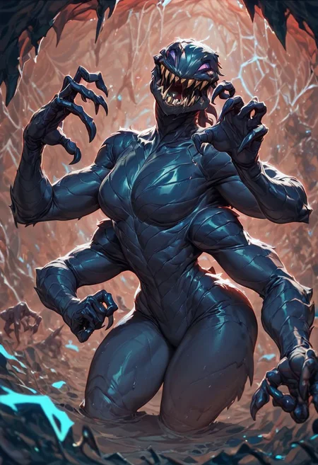 score_9,score_8_up,score_7_up, spider monster:1.3, sleek black chitinous armor, singular glowing eye, swam, DARK damp cave, multiple arms:4, clawed fingers, mandibles, green drool, black shadows, scary enviroment,