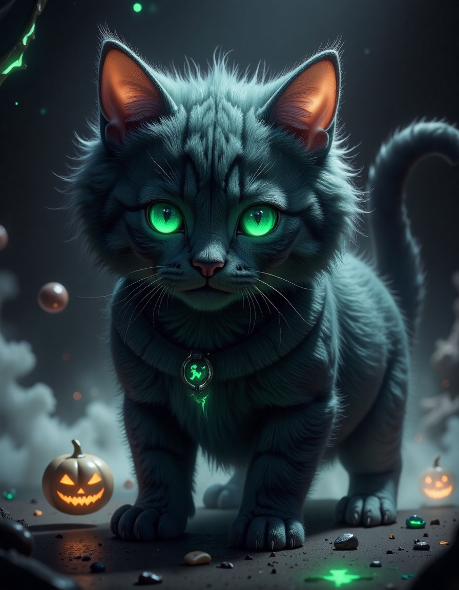 spooky halloween , a blue  Kitten, in the style of hall0w33n