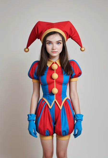 <lora:Coll-PomniXL_1672540:1> 1girl, blue eyes, blue gloves, coll-pomni, gloves, hat, jester cap, long hair, looking at viewer, puffy short sleeves, puffy sleeves, solo