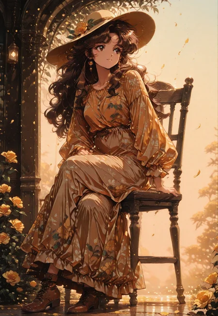 1girl, full body portrait from side, sitting elegantly on chair, crossed legs, long brown dress, simple dress, orange-yellow dress, brown eyes with golden reflections, brown hair with golden reflections, golden reflections, light smile with closed mouth, big yellow hat, long hair, looking at viewer, solo, yellow flower on ground, masterpiece, pinkretroanime, retro art, retro artstyle, outdoor garden with yellow flowers, blurred background, ((floral patterns)), relaxed atmosphere, sunset with golden warm lights, sidelocks, looking to her side, petals, roses, leaves, sunlight, arm support, lower legs, dreamy garden, Rembrandt lighting,