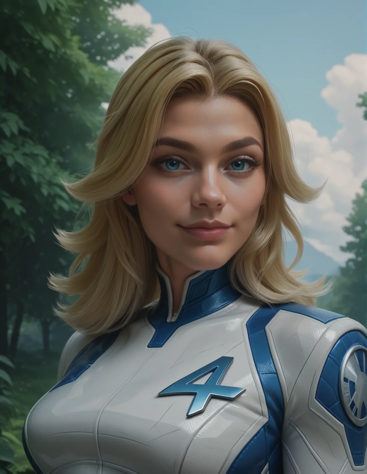 1girl, blonde, blue eyes, portrait, outdoors, suit1, hyper realistic<lora:Invisible_Woman_-_Marvel_Rivals:0.7> sue_storm, closed mouth, (smile:0.6) <lora:Pony_DetailV2.0:2>, looking at the viewer, beautiful, score_9, score_8_up, score_7_up, score_6_up, (ultra sharp focus)