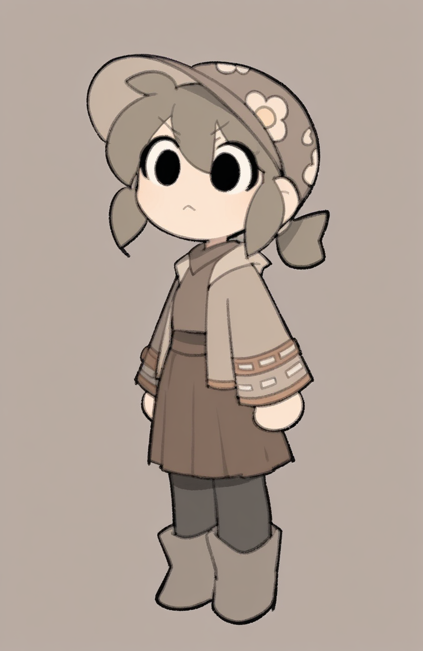 1girl, solo, <lora:TemmieChang:1> tmchng,
brown hair, low ponytail, brown hat, brown jacket, brown shirt, brown skirt, black pantyhose, black eyes, chibi,, extremely detailed, highres, masterpiece, best quality