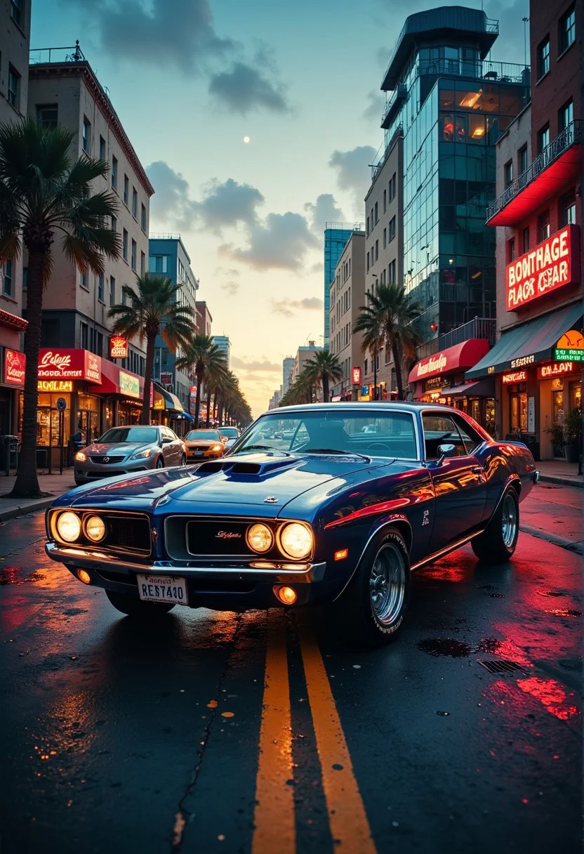 A nostalgically crafted relic of the past, a meticulously restored deep Monochrome pearlescent classic 60's muscle car cruises through the dusk streets with an intimidating elegance. The vintage vehicle gleams with a lustrous sheen, showcasing its aerodynamic lines and sharp accents as it cruises along the asphalt. This evocative scene is captured in a vividly detailed oil painting, where every brushstroke highlights the car's classic styling and pristine condition. Impeccably rendered, this image transports viewers to a bygone era of automotive luxury and style. secretlab