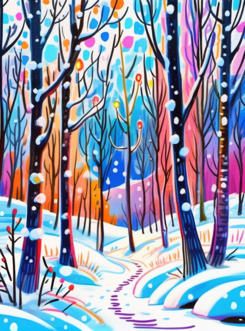 <lora:æ½è±¡-000016:0.8>,cartoon,illustrated,colorful,whimsical,forest,night,snow-covered ground,lights,fun,detailed drawing,vibrant colors,seasonal,art,decoration.,