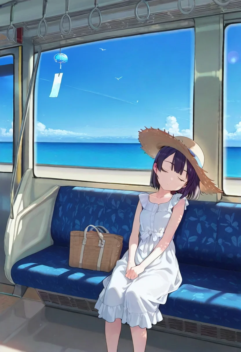 great quality,scenery,,(almic,akakura,ogipote,dikko:0.7), (sincos:0.6), train interior,morning,lens flare ,particle effect,window, unity 8k wallpape,ultra-detailed,magnificent view,,blue sky,ocean view from window,girl sitting,sleeping,closed eyebrows,white dress,straw hat,summer,wind,bird,wind chimes,