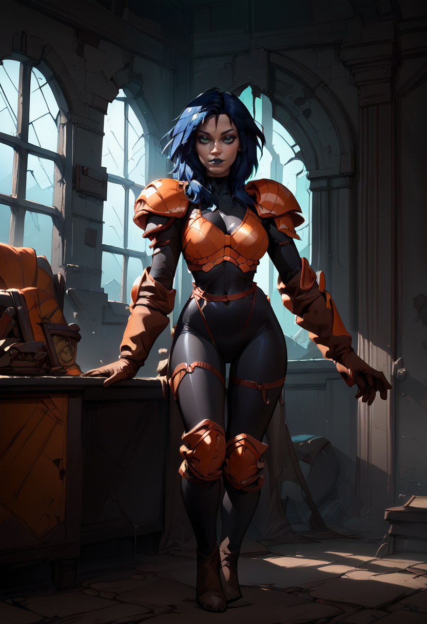 1girl, solo, full body,  standing, orange armor, deep blue hair, black bodysuit, dark green eyes, brown gloves, dark lipstick, looking at viewer, makeup,  inside of abandoned mansion,   <lora:Kylie_GriffinPony64:1>,   <lora:p:0.7>, score_9, score_8_up, score_7_up,