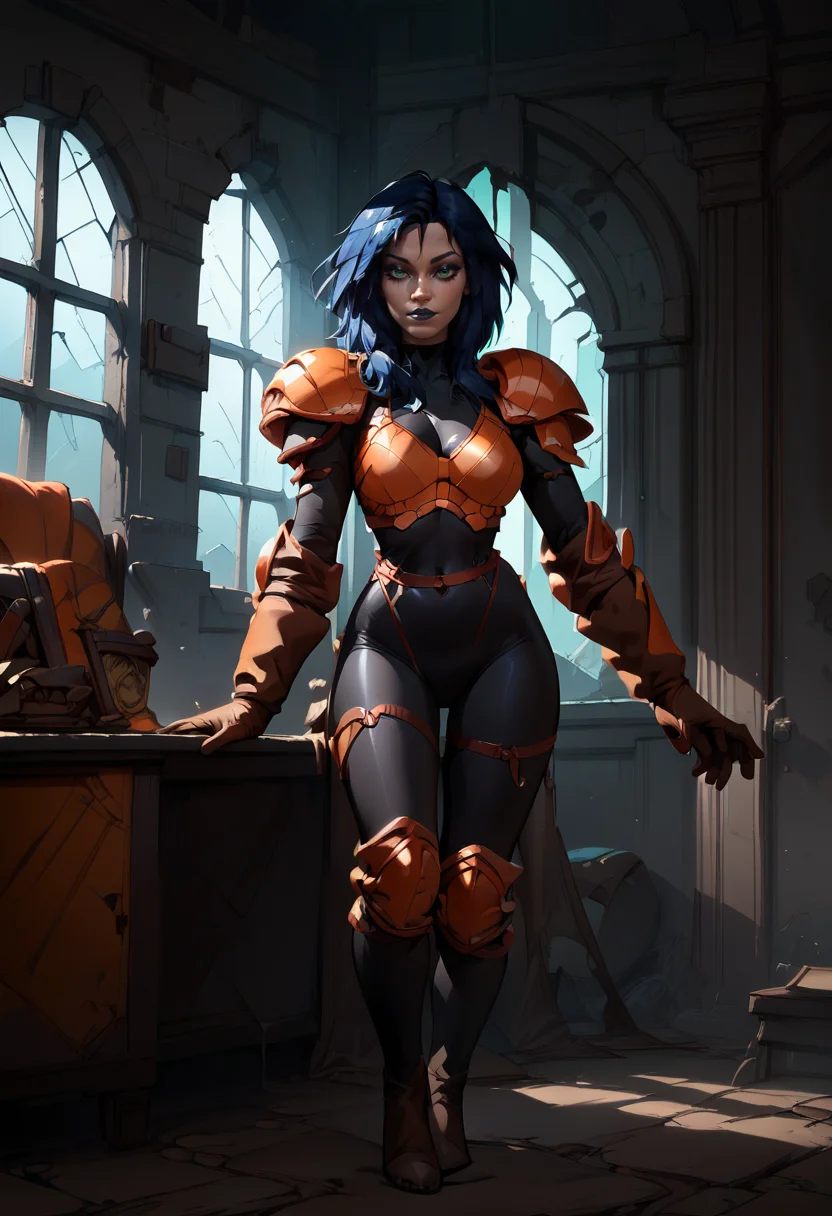1girl, solo, full body, standing, orange armor, deep blue hair, black bodysuit, dark green eyes, brown gloves, dark lipstick, looking at viewer, makeup, inside of abandoned mansion, <lora:Kylie_GriffinPony64:1>, <lora:p:0.7>, score_9, score_8_up, score_7_up,