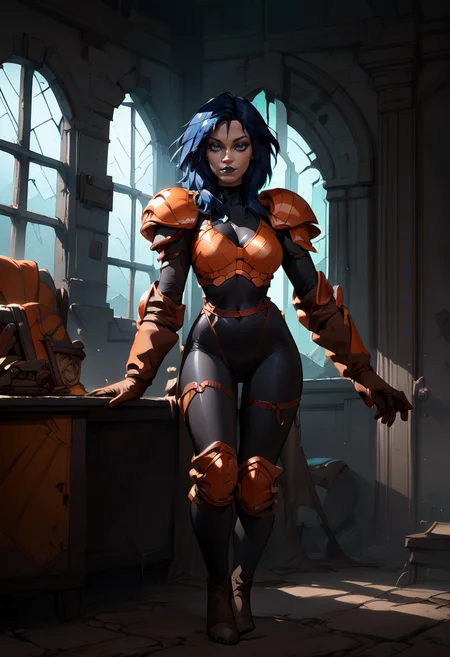 1girl, solo, full body, standing, orange armor, deep blue hair, black bodysuit, dark green eyes, brown gloves, dark lipstick, looking at viewer, makeup, inside of abandoned mansion, <lora:Kylie_GriffinPony64:1>, <lora:p:0.7>, score_9, score_8_up, score_7_up,