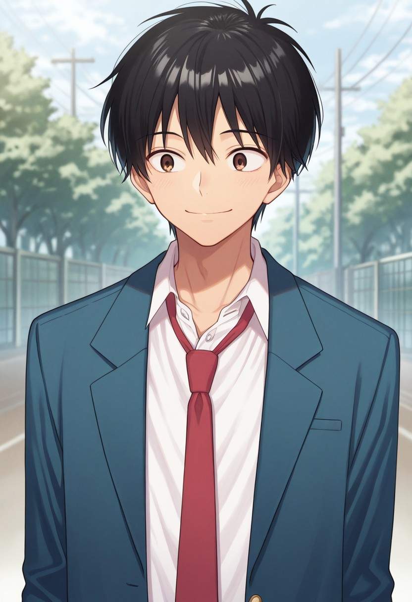 masterpiece,best quality,amazing quality, source_anime, 
kazahaya, 1boy, male focus, solo, brown eyes, black hair, school uniform, shirt, white shirt, collared shirt, necktie, red necktie, jacket, blazer, blue jacket, open jacket,
smile, outdoor,