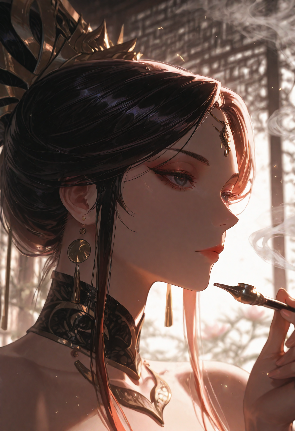 1girl, Yue Mingkong, border,expressionless,flower,hand up,holding,holding smoking pipe,hyur,kiseru,lace collar,portrait,smoke,smoking,smoking pipe,solo, white background,
(Smooth Quality - Illustrious:0.8), masterpiece,best quality,amazing quality, absurdres, (impressionism), ultra-HD, 8k, fit body, highest quality, volumetric lighting, (cinematic composition:1.3), (sharp focus:1.2), (depth of field:1.2), (adult), wide eyes, (mature female:1.2), very aesthetic, smooth image, action lines, motion lines, motion blur, (detailed face and eyes:1.3),
<lora:illustrious_quality_modifiers_masterpieces_v1:0.6>  <lora:ponyv4_noob1_2_adamW:0.4> <lora:FINALE:0.4>  <lora:I_Am_The_Fated_Villain:0.6> <lora:g0thicILL:0.4> <lora:USNR STYLE_XL_loha:0.3>