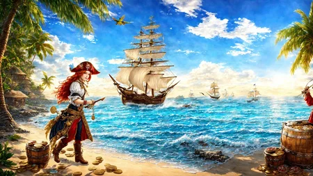 (young redhead pirate woman), (portrait), (parrot:1.2), sharp focus, (ultradetailed), (standing), (happy) smile, pirate (ship galleon:1.2, hoop earrings, gold medallion, Light Brown pirate clothes, pirate hat, hips, pirate (village), leafy beach coast, (treasure chest with coins, gems and jewels:1.2), (rum barrel), best quality masterpiece, bright sunny sky, backlight, natural lights, high contrast, hdr, shadows, pretty, beautiful, feminine, sexy, adorable, lovely, in love, (PirateDiffusionprt:0.5), <lora:Pirate:0.3> PrateT <lora:PirateRealms:0.3> <lora:Detail Tweaker LoRA add_detail:0.8> <lora:depth_of_field_slider_v1:5> <lora:SDXLrender_v2.0:0.9>