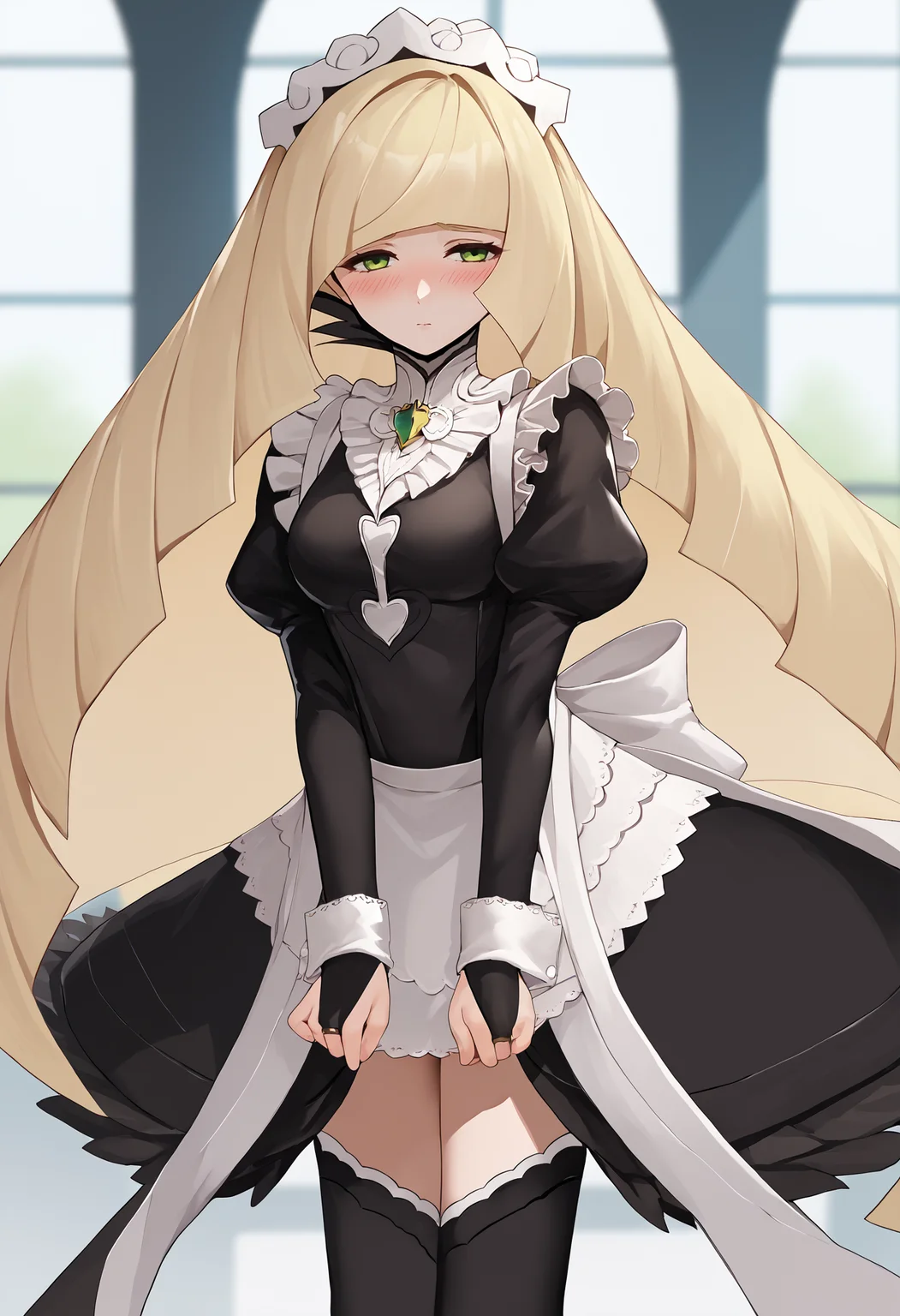 score_9, score_8_up, score_7_up, source_anime BREAK 1girl, solo, <lora:lusamine-pokemon-richy-v1_pdxl:1> lsmnrnd, green eyes, blonde hair, very long hair, bangs, breasts, <lora:fatesmaid-fe-richy-v1_pdxl:1> fates maid, maid headdress, maid apron, bridal gauntlets, black thighhighs, standing, shy, blush, half-closed eyes, looking at viewer