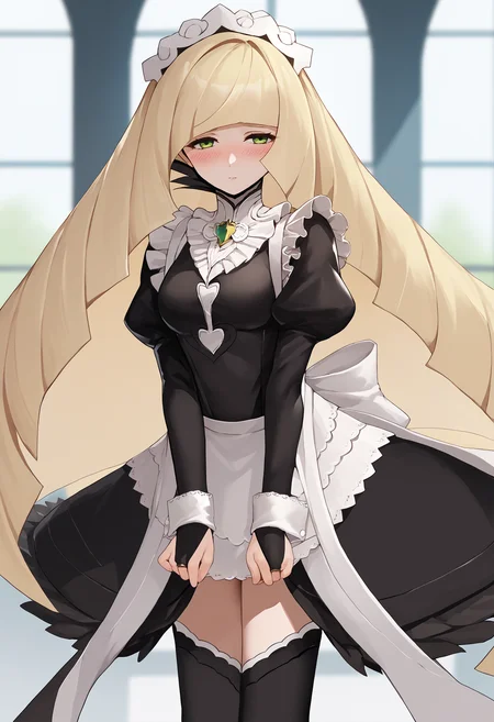 score_9, score_8_up, score_7_up, source_anime BREAK 1girl, solo, <lora:lusamine-pokemon-richy-v1_pdxl:1> lsmnrnd, green eyes, blonde hair, very long hair, bangs, breasts, <lora:fatesmaid-fe-richy-v1_pdxl:1> fates maid, maid headdress, maid apron, bridal gauntlets, black thighhighs, standing, shy, blush, half-closed eyes, looking at viewer