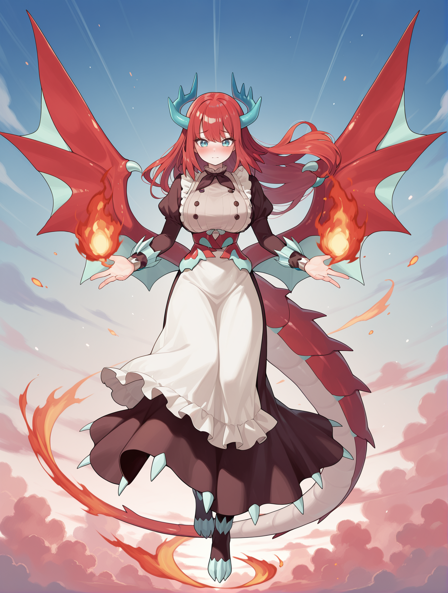 kitchen dragonmaid, 1girl, pyrokinesis, solo, red dragon wings, blush, flying, blue sky, large breasts, cloud, full body, brown maid clothes, brown claw boots,
masterpiece,best quality,amazing quality,very aesthetic,absurdres,newest,<lora:kitchen dragonmaid illuXL v1.1:0.72>,