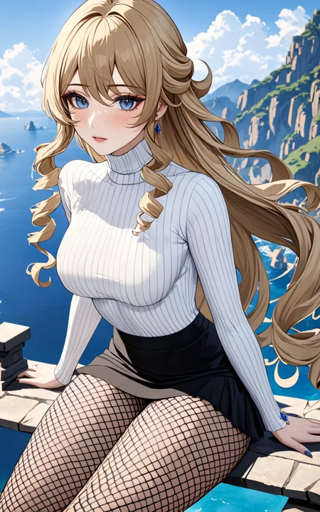 extreme detailed 1girl, masterpiece, ultra-detailed, highly detailed art, an extremely delicate and beautiful, solo, navia /(genshin impact/), blue eyes, fishnet pantyhose, black skirt, white turtleneck, stay, outdoor, <lora:Navia_XL_LoRA:1>