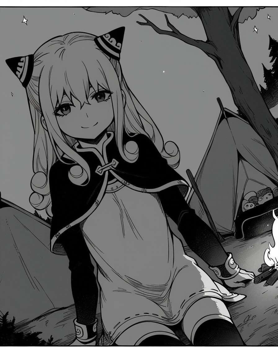score_9, score_8_up, score_7_up, source_anime, <lora:ashe-talton-manga-ponyxl-lora-nochekaiser:1>, rengoku ashe, long hair, greyscale, monochrome,, thighhighs, long sleeves, capelet, cape, dress, white dress,, camping, bonfire, tent, stargazing, marshmallows, forest clearing, night, smile, looking at viewer, solo,, cowboy shot, dutch angle