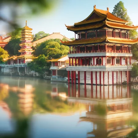 4k,realistic,photograph,chinese style,shining,
a beautiful building by the river,daytime,
east asian architecture,<lora:east_asian_architecture:1>,