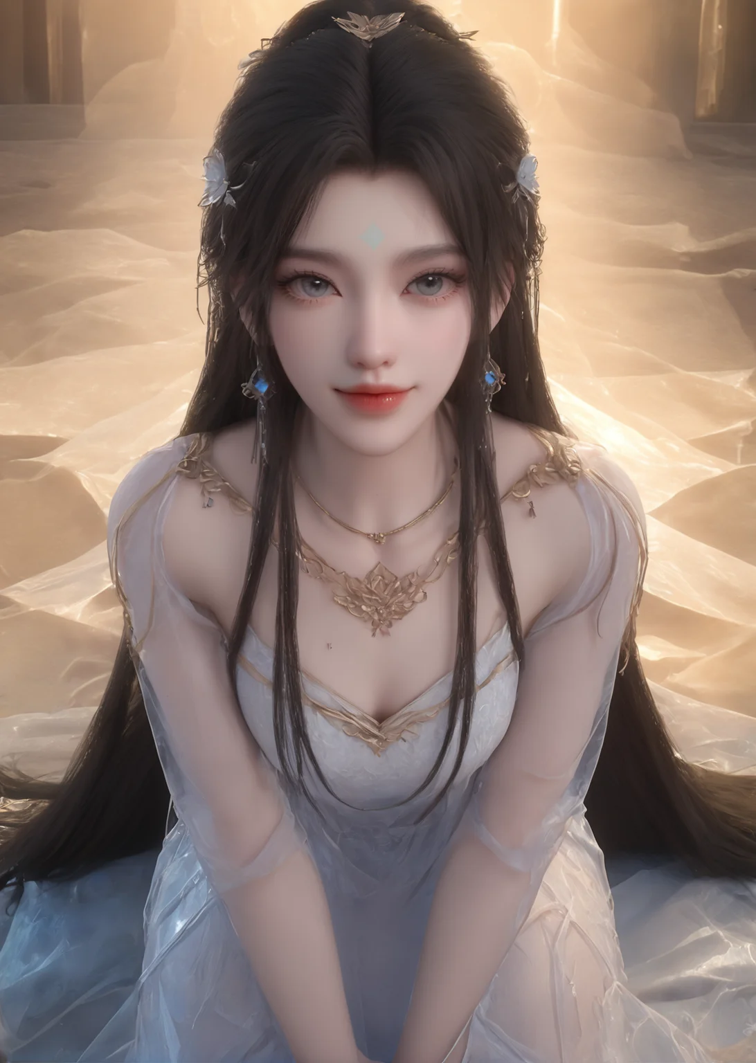 (looking_at_viewer:1.4),full_shot,bent_over,(v_arms:1.2),1girl,solo,dress,hair ornament,portiart,from front,masterpiece,(best quality),official art,extremely detailed cg 8k wallpaper,crystalstexture skin,(extremely delicate and beautiful),solo,realistic,photo_\(medium\),hiqcgbody,chinese background,eye-contact,(smile:0.9),jewelry,<lora:hipoly_3dcg_v7-epoch:0.6>,absurdres,incredibly absurdres,huge filesize,<lora:æ¸
漪_V1-000001:1>,