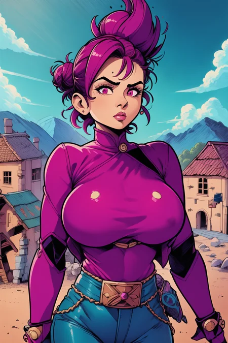 girl, upper body, (hotify:1.2), (milf:1.4), (Strong Wind,Village:1.4),Chubby,Very Big Breasts,(Showering),Very Short Hair,Double Bun,(magenta Overcoat,turquoise Jeans:1.3),Dragon Ball,Breastplate ,(masterpiece,detailed,highres:1.4) <lora:novel_bright:0.6>