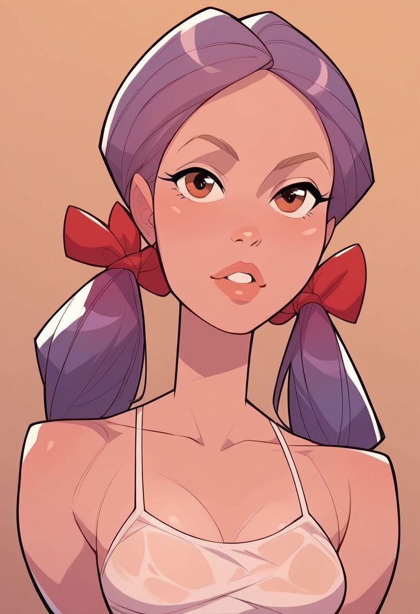 simple background, 1girl, 18 year old American, purple hair, pigtails, red bows, brown eyes, skinny, (nice small breasts:1.3), brown eyes, head shot
BREAK score_9, score_8_up, score_7_up, score_6_up, source_cartoon