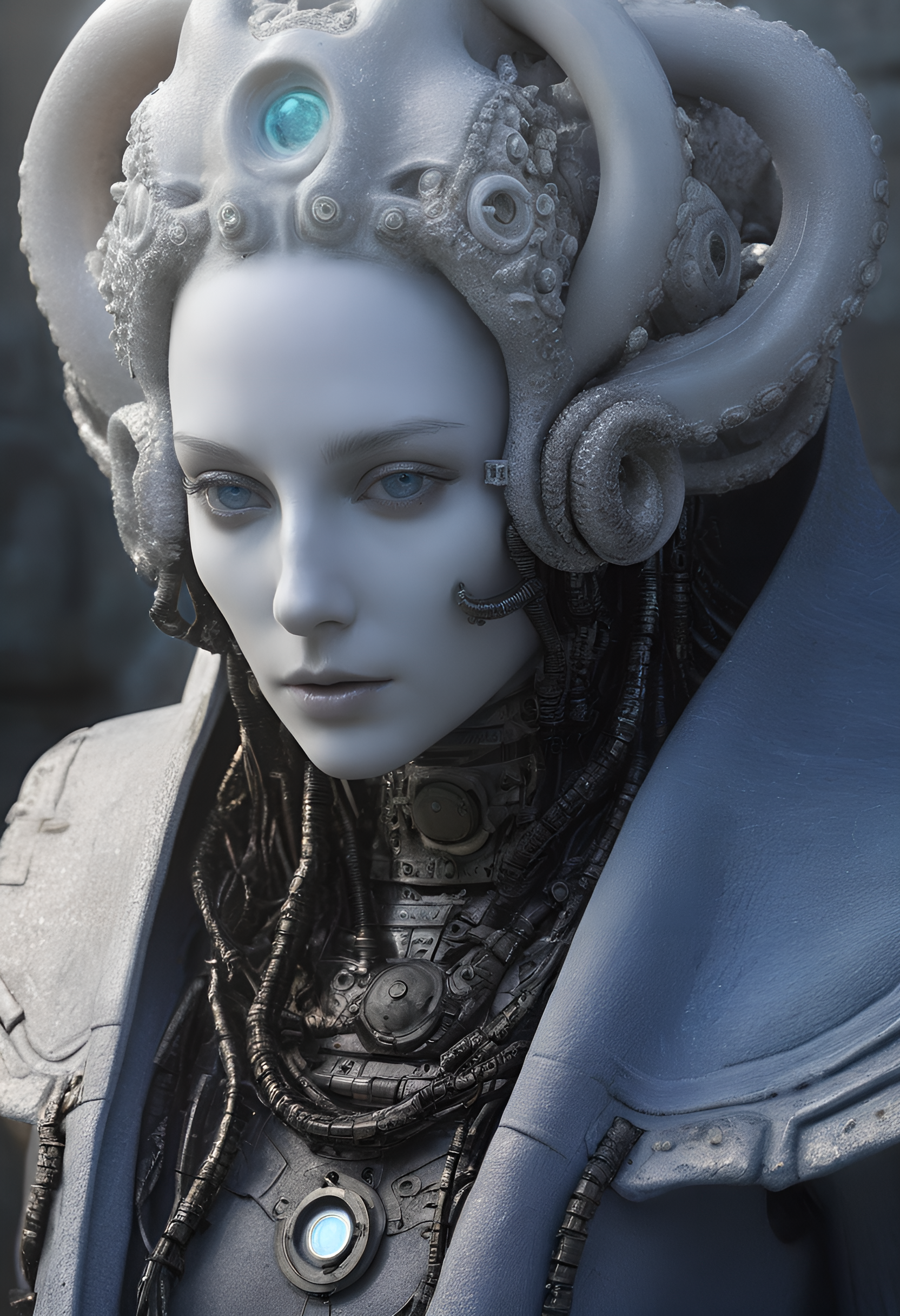 full face realistic art, high resolution pro photograph portrait, BREAK
in a desolate abandoned mountain temple a non-human god with ceramic skin, insect eyes, iridescent machinelike body covered in mechanical organic wires cables organic tubes fleshy circuits hieroglyphs, fine details, eye contact, octopus tentacle arms reaching out, alien ceramic machine future-history, ceramic machine alien god with a glossy ceramic white face, opalescent, oil slick colored machine body and octopus limbs, alien organic machine, alien ceramic face, wearing a grey and blue hooded robe, textured ancient fabric matte black with glowing grey symbols and hieroglyphs, facing the viewer, disdain, amusement, arrogance, reaching toward the viewer, many glowing woven hieroglyphs, long hair, giger, BREAK
sunrise on an aztec mountain, abandoned ancient temples, bokeh, haze, fog, sunrise, long horizontal shadows, BREAK
her  photo lighting light hair photography white skin, multifaceted eyes, background detailed cinematic,
<lora:add-detail-xl:1.3>
