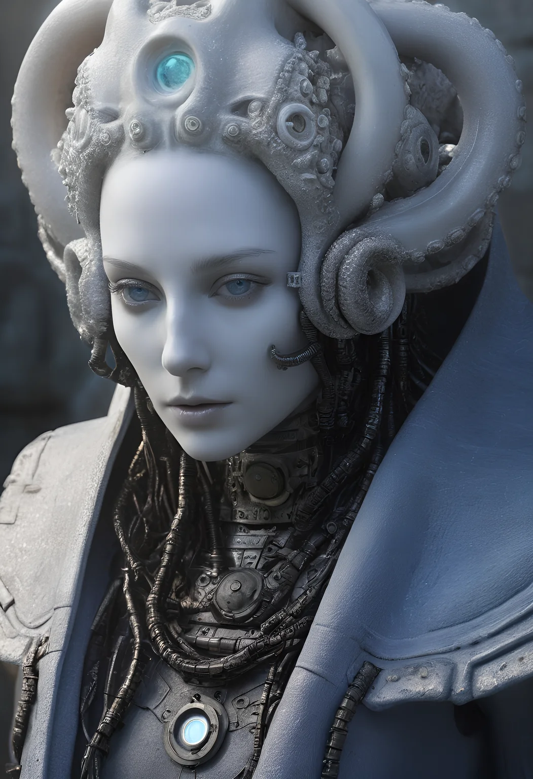 full face realistic art, high resolution pro photograph portrait, BREAK
in a desolate abandoned mountain temple a non-human god with ceramic skin, insect eyes, iridescent machinelike body covered in mechanical organic wires cables organic tubes fleshy circuits hieroglyphs, fine details, eye contact, octopus tentacle arms reaching out, alien ceramic machine future-history, ceramic machine alien god with a glossy ceramic white face, opalescent, oil slick colored machine body and octopus limbs, alien organic machine, alien ceramic face, wearing a grey and blue hooded robe, textured ancient fabric matte black with glowing grey symbols and hieroglyphs, facing the viewer, disdain, amusement, arrogance, reaching toward the viewer, many glowing woven hieroglyphs, long hair, giger, BREAK
sunrise on an aztec mountain, abandoned ancient temples, bokeh, haze, fog, sunrise, long horizontal shadows, BREAK
her photo lighting light hair photography white skin, multifaceted eyes, background detailed cinematic,
<lora:add-detail-xl:1.3>