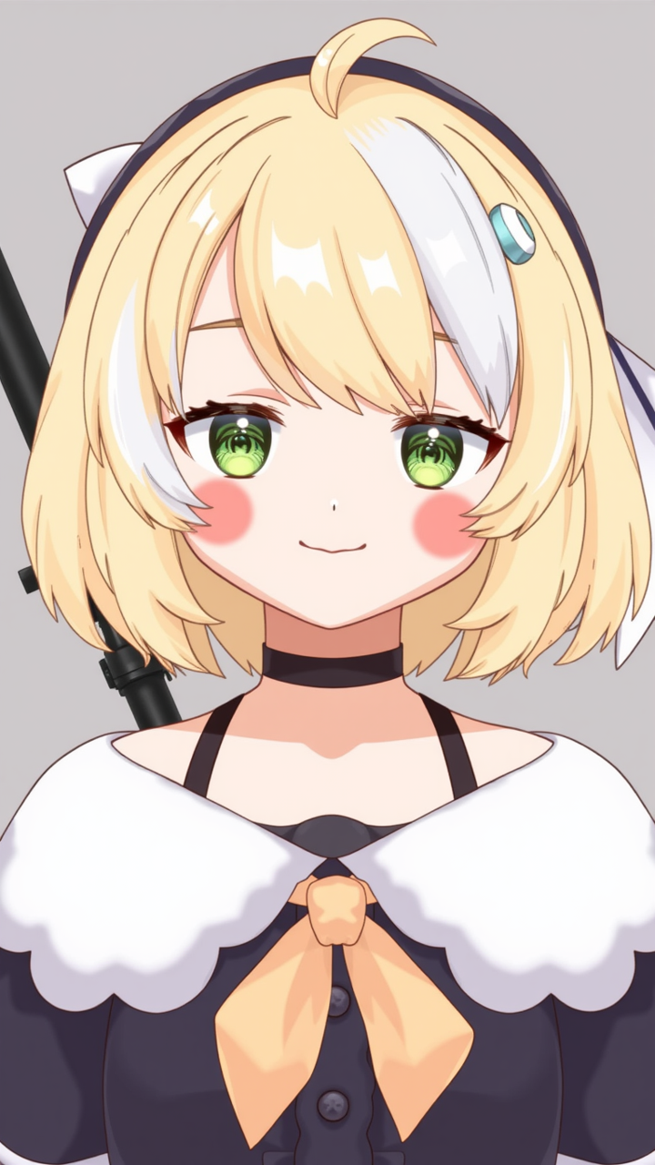 inis, blonde hair, green eyes, short hair, smile, streaked hair, headband,
portrait, 