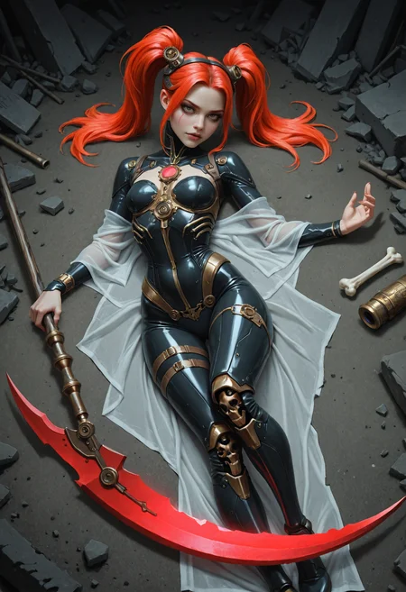 A steampunk fantasy artwork showing a skeletal rogue creating a scene of eerie beauty combined with whimsical mystique. She is holding a bone-carved plasma-scythe in a determined stance. The advanced scythe's chalky crescent blade has a serrated edge like a saw. Her slender body is cloaked in a gothic tech-suit with an alabaster design, featuring a piece of transparent cloth attached to the side of her hip, as well as jagged tusks worked into the design, emphasizing her savage appearance. Tattered strips of cloth are wrapped around her slim figure like ancient scrolls. The fabric's woven texture appears to shift in reaction to the surrounding lighting. She has glowing red hair styled in cyberpunk twintails. Taking place within the overgrown corridors hidden within chiseled bone tech-ruins of an unknown world. Flickering screens displaying corrupt ochre data are lying on the ground among the wires and rubble. The artwork's style is dreamlike, magical as well as epic. The color palette is characterized by white and gold hues.