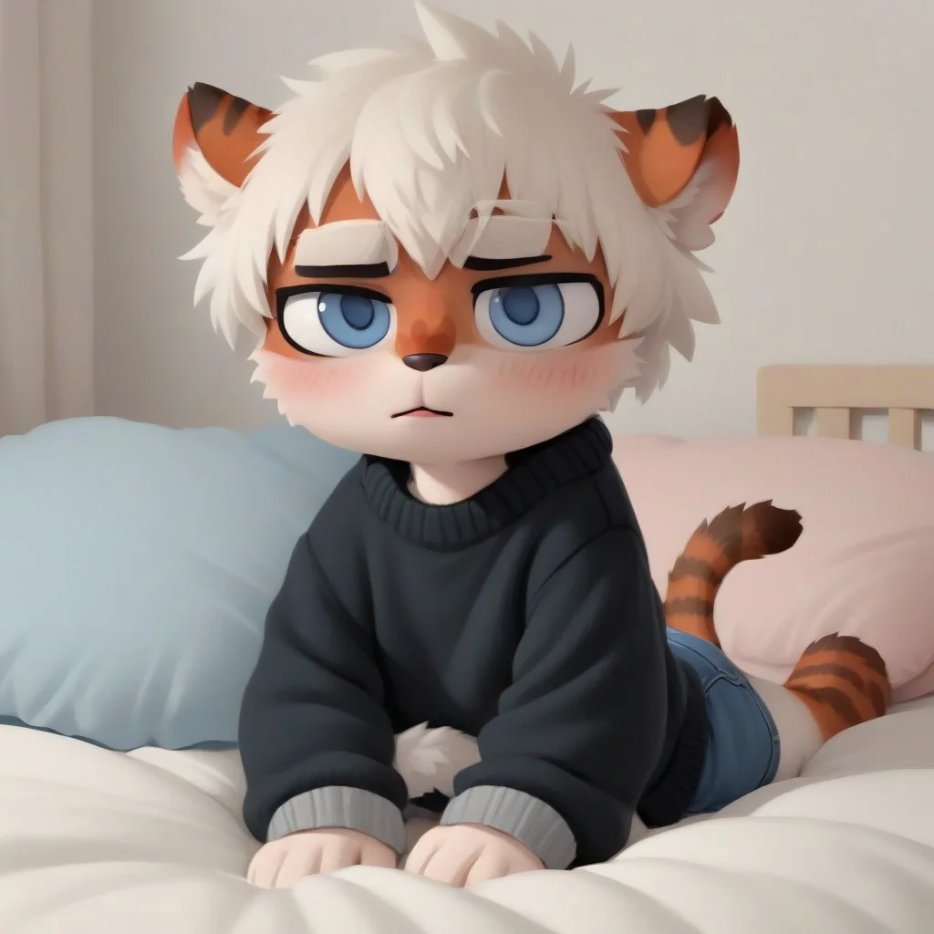 ((milkytiger)), white hair, blue eyes, tiger, furry, black sweater, gray shorts, 1boy, solo, sitting, in bed, shy, blush