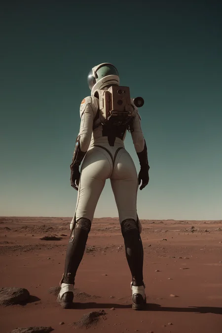 A futuristic rear angle (sci-fi) photo of a (fit woman futuristic astronaut standing on rock overlooking Martian valley on Mars), back towards viewer, not looking at viewer, (wearing skintight white and red sci-fi spacesuit, full body), fit body, (big ass), [wide hips], rusty red Martian terrain, mars dust scattered floating in air, (mountain:0.8), (lens flare:0.7), (cross-processing), (highly detailed), (cinematic lighting:1.1), sharp shadows, intricately detailed, photographed on a Hasselblad 500, 80mm F2.8 lens, with Cinestill 800T film, cinematic contrast, outdoors, ((on Mars)), space exploration, journey, nasa-punk, from behind, sfw epicphoto