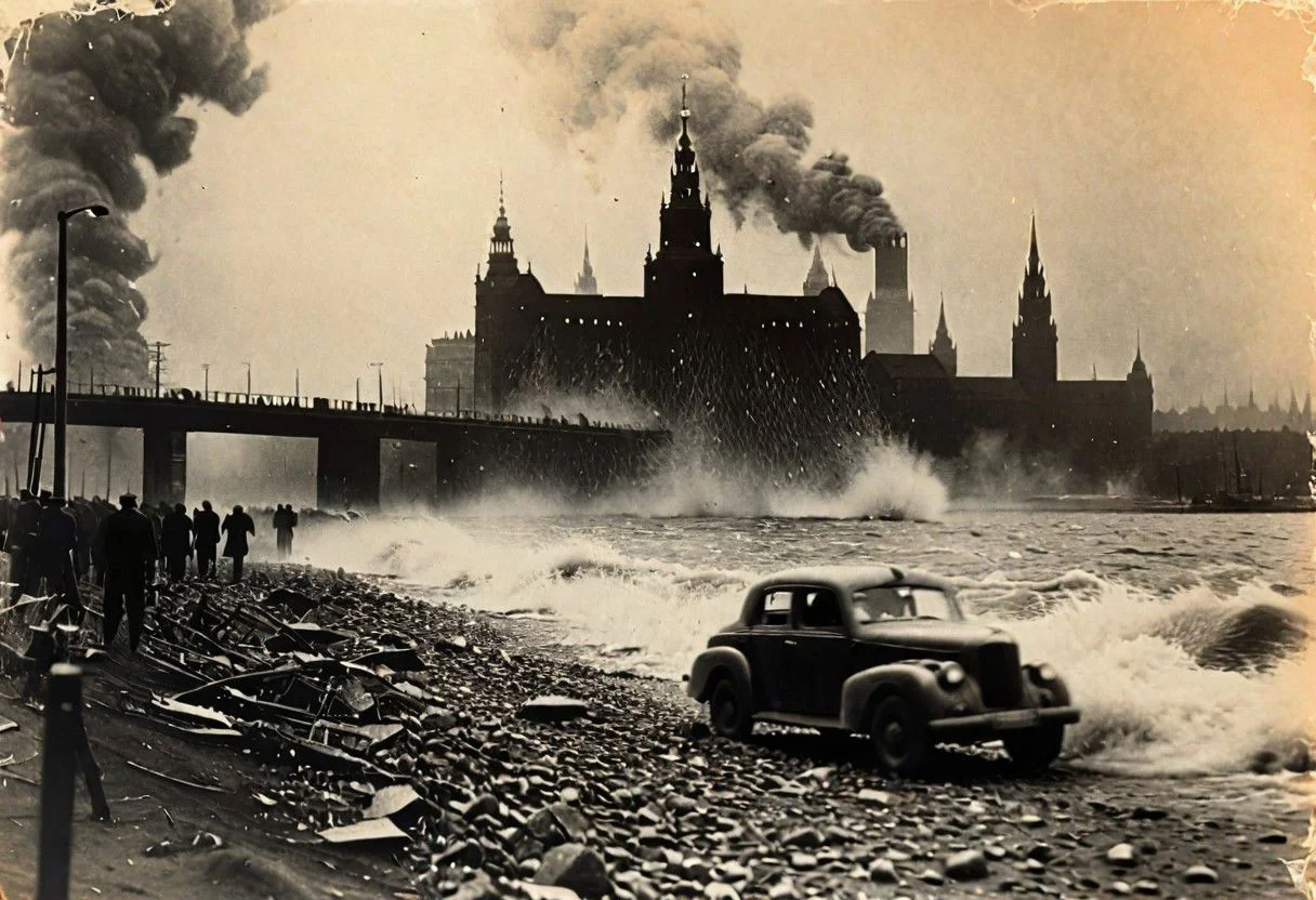 Godzilla on the shore of Hamburg, B&W 35mm vintage photo, WW2 picture, destroyed city backdrop, easynegative, realisticvision-negative-embedding