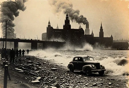 Godzilla on the shore of Hamburg, B&W 35mm vintage photo, WW2 picture, destroyed city backdrop, easynegative, realisticvision-negative-embedding