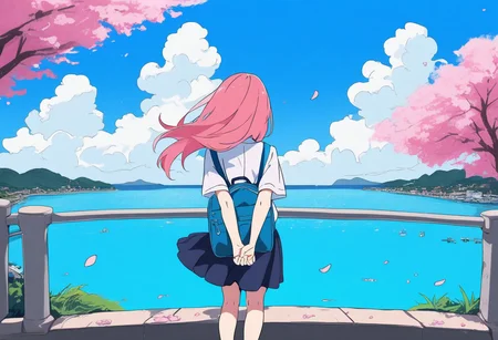 great quality,1girl,solo,ENStyle,,(almic,akakura,ogipote,dikko:0.9), (sincos:0.8),,scenery,two tone color,pink and (blue:0.8) theme,school white shirt,pink hair,hands behind back,head tilt,from behind,back,facing away,wind,pink petals,blue bags,blue Butterfly,cartoon Style,flat color,white cloud