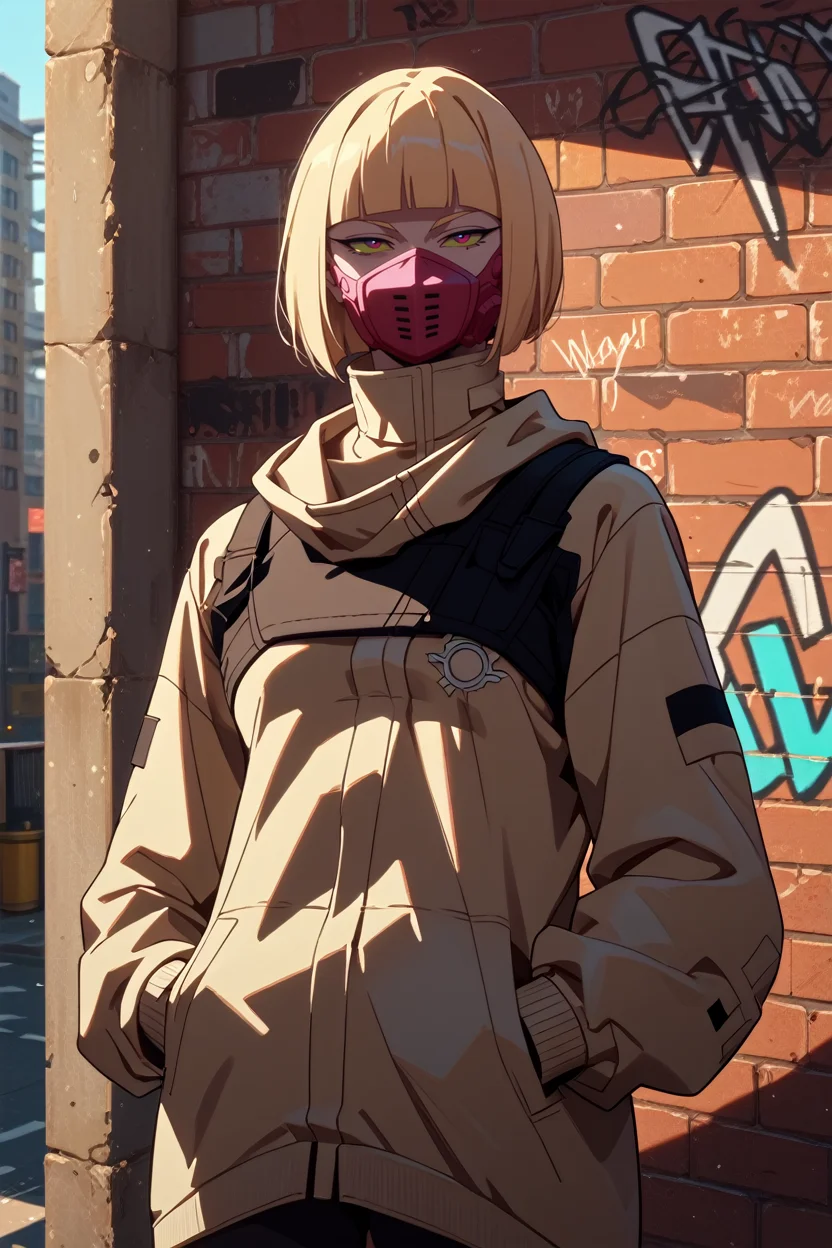 score_9, score_8_up, score_7_up, score_6_up
<lora:ERKiwi:1.0>
ERKiwi, 1girl, blonde hair, short hair, colored sclera, blunt bangs, mouth mask, looking at viewer, leaning against a brick wall, hands in jacket pockets, urban alleyway with graffiti art, moody lighting with shadows, edgy and modern vibe