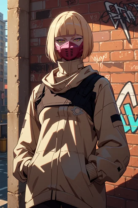score_9, score_8_up, score_7_up, score_6_up
<lora:ERKiwi:1.0>
ERKiwi, 1girl, blonde hair, short hair, colored sclera, blunt bangs, mouth mask, looking at viewer, leaning against a brick wall, hands in jacket pockets, urban alleyway with graffiti art, moody lighting with shadows, edgy and modern vibe