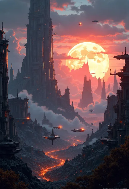 best quality, masterpiece, multiple capital spaceships in the sky, a supermassive dull sun in the background, cinematic, dynamic photorealistic image, High Definition HD, High Detail, Perfect Composition, mythp0rt, high abandoned buildings