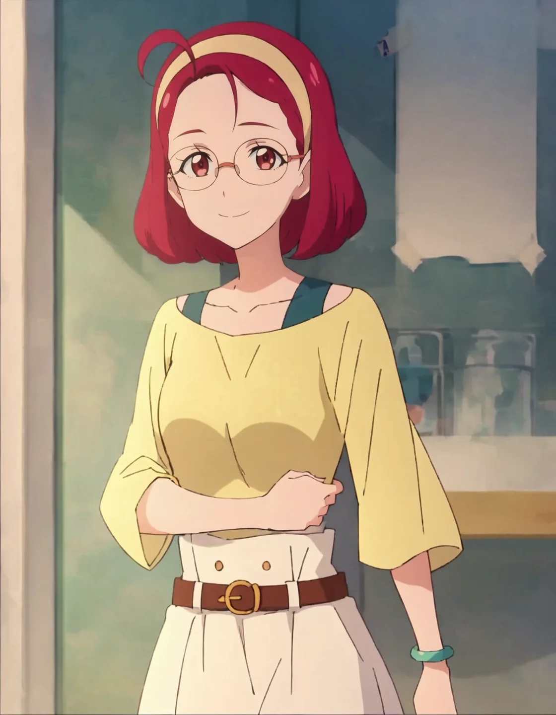 score_9, score_8_up, score_7_up, anime screencap, solo,1girl,hoshinaterumi, glasses, hairband, smile, belt,  looking at viewer,white skirt, jewelry, long skirt, bracelet, shirt, short hair, yellow shirt,  collarbone, long sleeves,cowboy shot,medium breasts, <lora:hoshinaterumi:0.8>