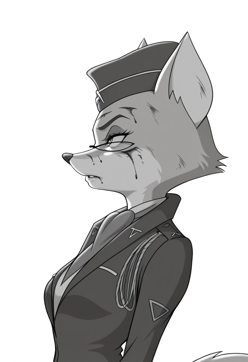masterpiece, best quality, amazing quality, very aesthetic, high resolution, detalized, solo, 1_girl, furry, fox, lt_vixen, monochrome, glasses, two-tone fur, fox tail, fox ears, pretty, beauty, garrison cap, military jacket, tie, side view, standing, kanekistatus, greyscale, injury, blood, blood on face, blood on arm, cuts, bruise, covered eyes, leaning back, looking up, from side, profile, upper body, white background, breasts