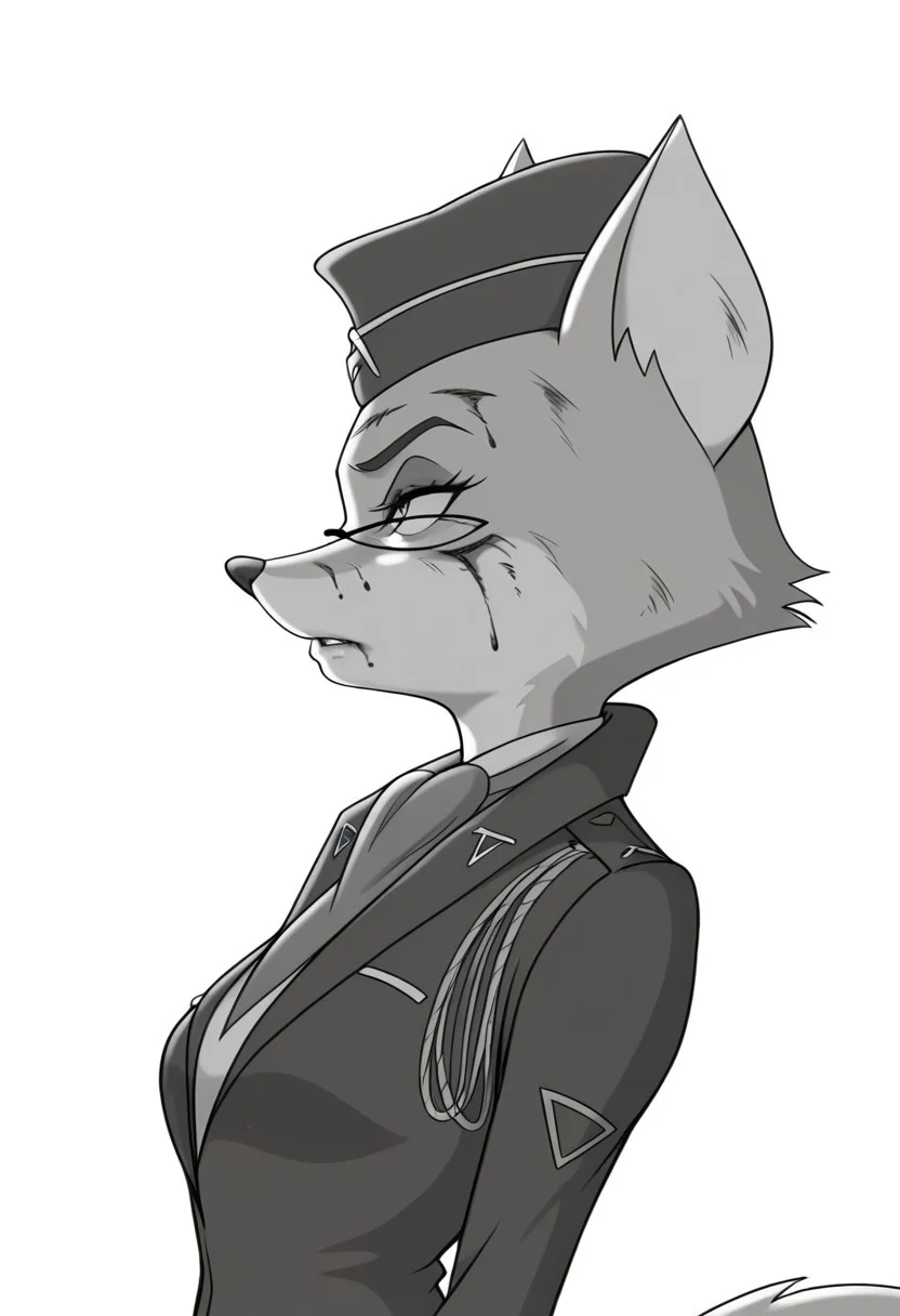 masterpiece, best quality, amazing quality, very aesthetic, high resolution, detalized, solo, 1_girl, furry, fox, lt_vixen, monochrome, glasses, two-tone fur, fox tail, fox ears, pretty, beauty, garrison cap, military jacket, tie, side view, standing, kanekistatus, greyscale, injury, blood, blood on face, blood on arm, cuts, bruise, covered eyes, leaning back, looking up, from side, profile, upper body, white background, breasts