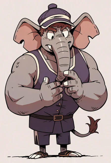 (score_9 | score_8_up | score_7_up)
((masterpiece:1))(best quality,very high quality,ultra detailed:1.2)
(2D,cartoon style,anime style)(Smooth:2)(clean blurring)
(four fingers on each hand,one thumb on each hand:1), Abu elephant, solo, brown hair, grey skin, black eyes, trunk, trunk nose, elephant trunk, elephant ears, monkey tail, purple vest, red and purple hat, alien, muscular, +++three eyes, extra eye, grey skin color, full body