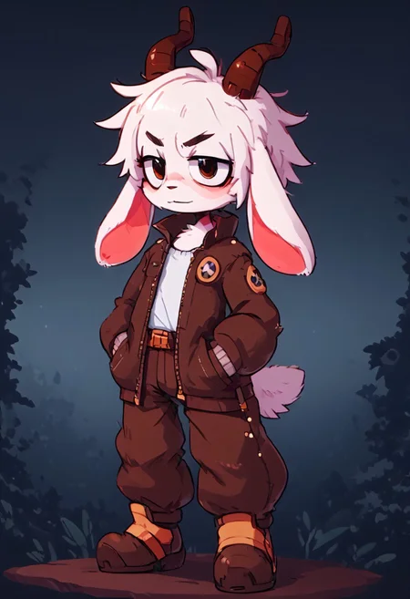 (roblox style:1.4), score 8.5up, score 7.5up, voxels:1.3, 1 boy, anthro, tall hedgehog boy, white fur, small goat horns in form of a cone, fluffy thick spines, medium taped spines on head, full body shot standing action pose, big googles on head, white top, white sleeves, brown leather pilot jacket, darkbrown leather heavy duty pants, several heavy belts with studded leather pockets on it, blacksmith engineer style accessories, brown leather long thick gloves with white fur, enviroment as industrial rusty metal and copper pipes, enviroment as stone large tiled road in jungle crimson flowers and vines background, time and weather is dawn after rain,