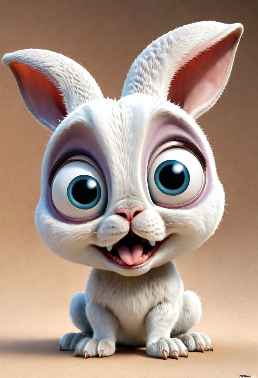 3d,art by pixar,cartoon, a fleshmutant cute white bunny with huge eyes and huge ears
