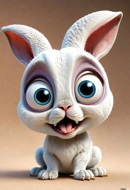 3d,art by pixar,cartoon, a fleshmutant cute white bunny with huge eyes and huge ears