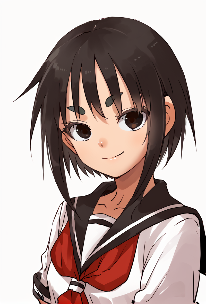 <lora:kagawaRin:1> kagawaRin, solo, thick eyebrows, looking at viewer, white serafuku, red neckerchief, smile, white background, upper body,